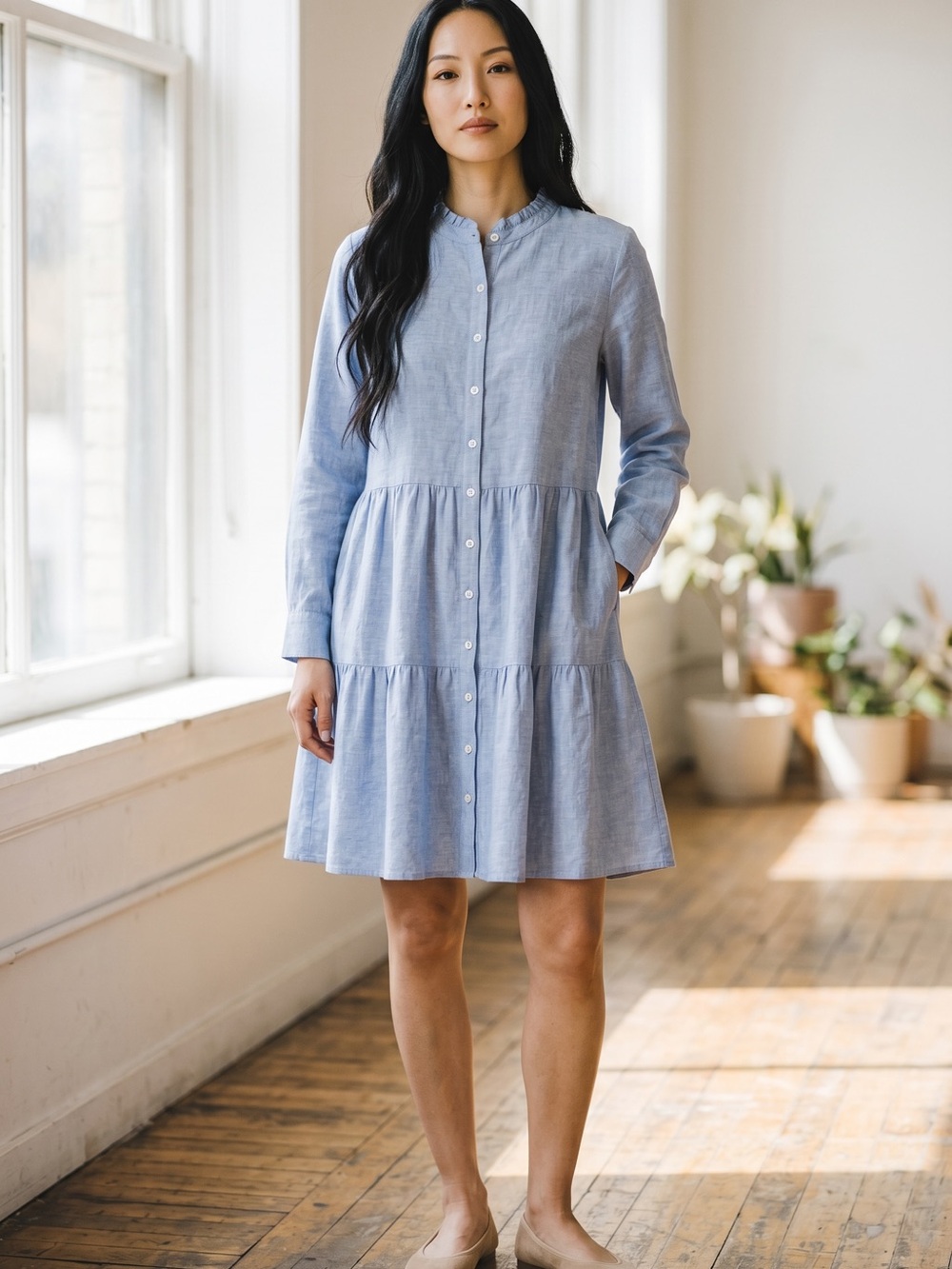 Alice Walk Nantucket, blue lined linen tiered linen dress, NWT